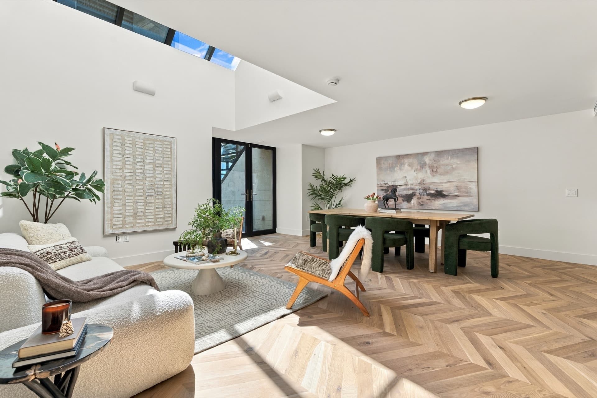 Dining room with a green table