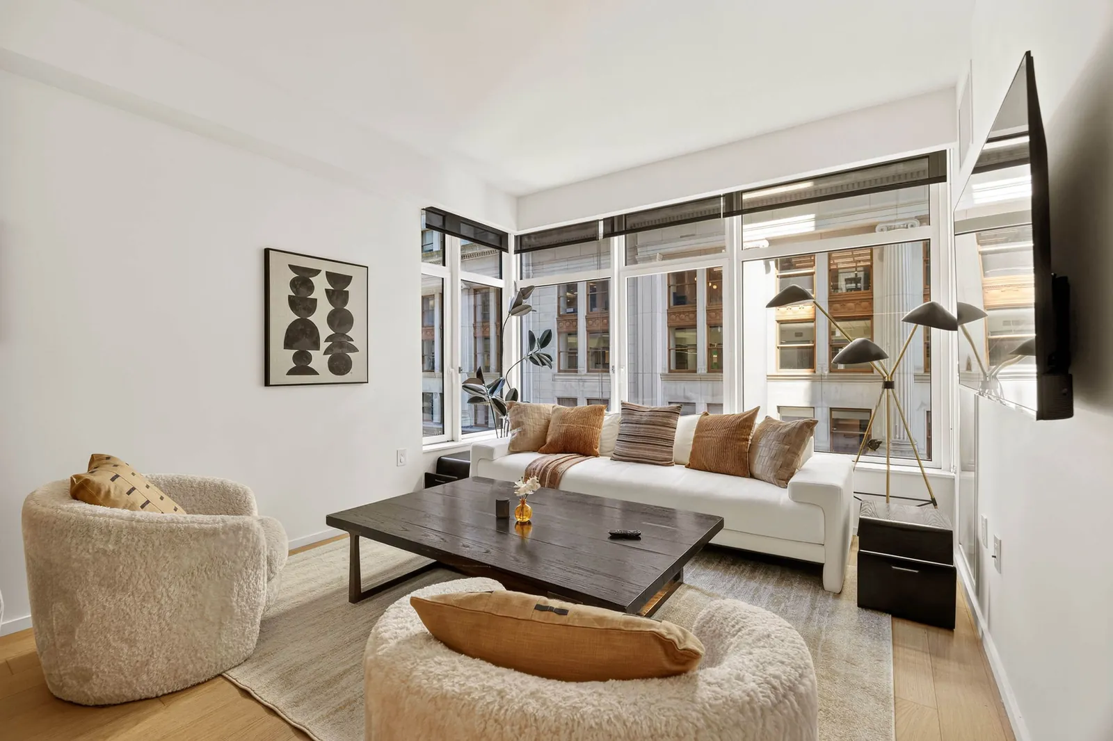 Bright living room with floor-to-ceiling windows, Financial District
