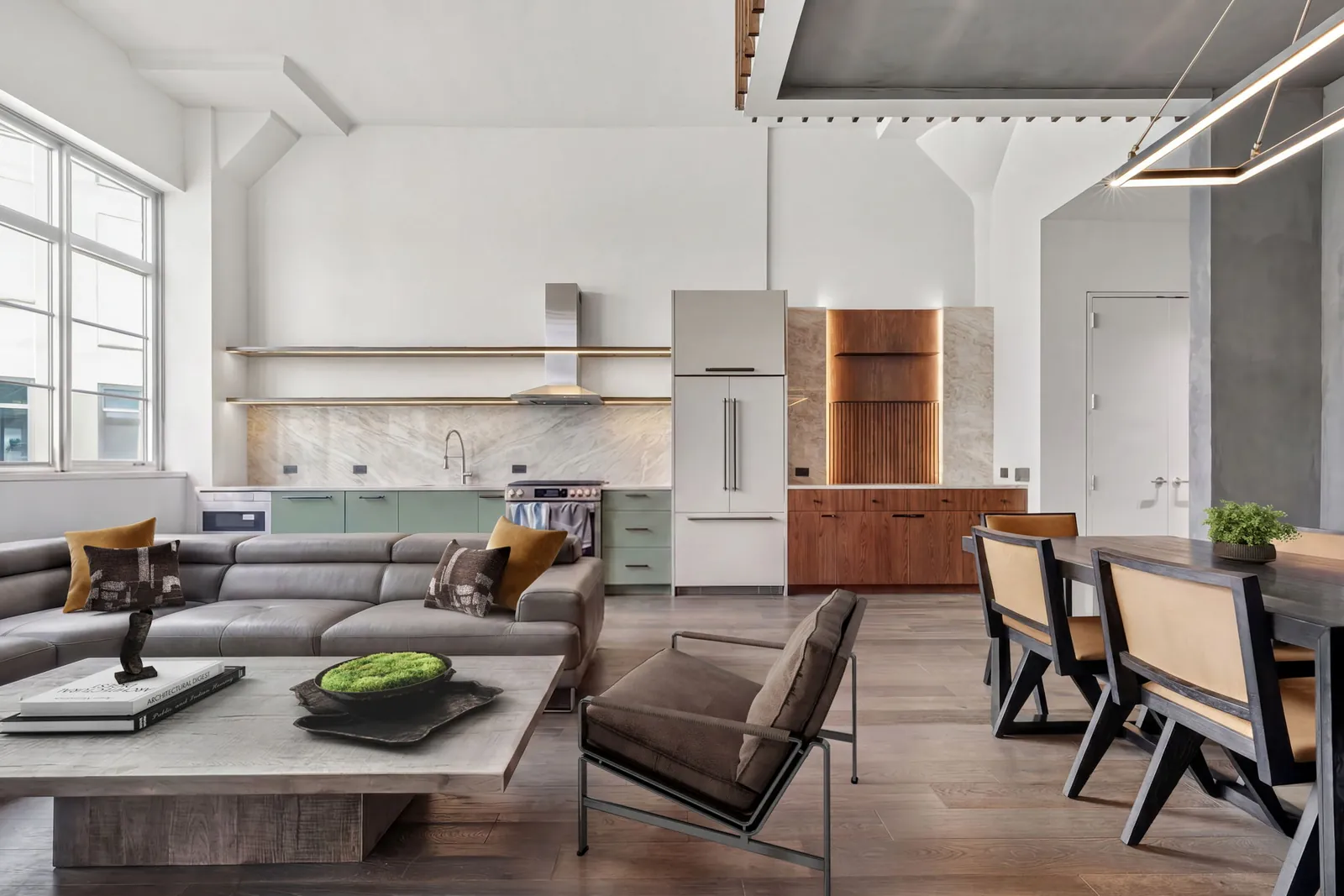 Loft living room with an open kitchen, Long Island City