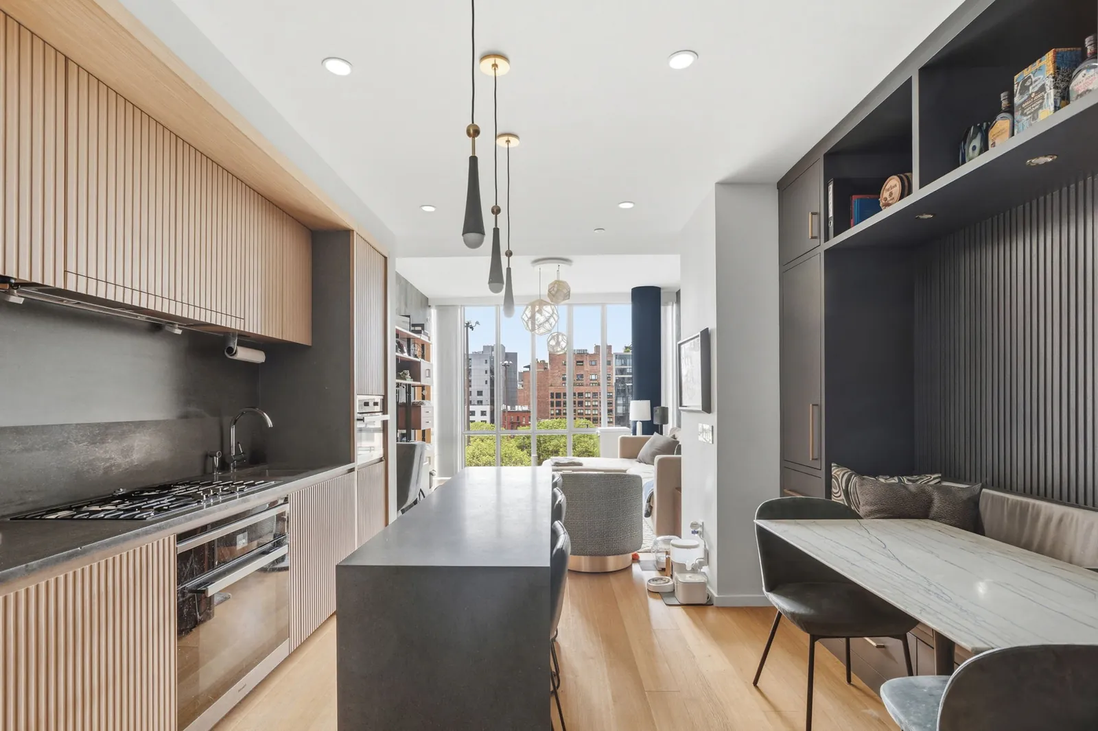 Modern kitchen with a slatted wood wall, SoHo
