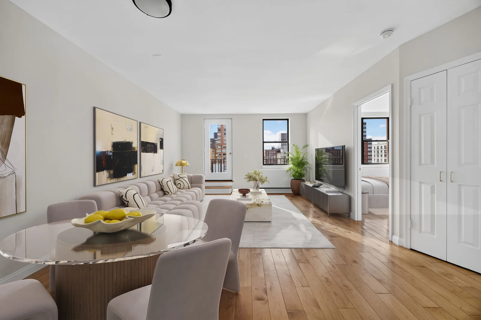 Living and dining room with a skyline view, Upper West Side
